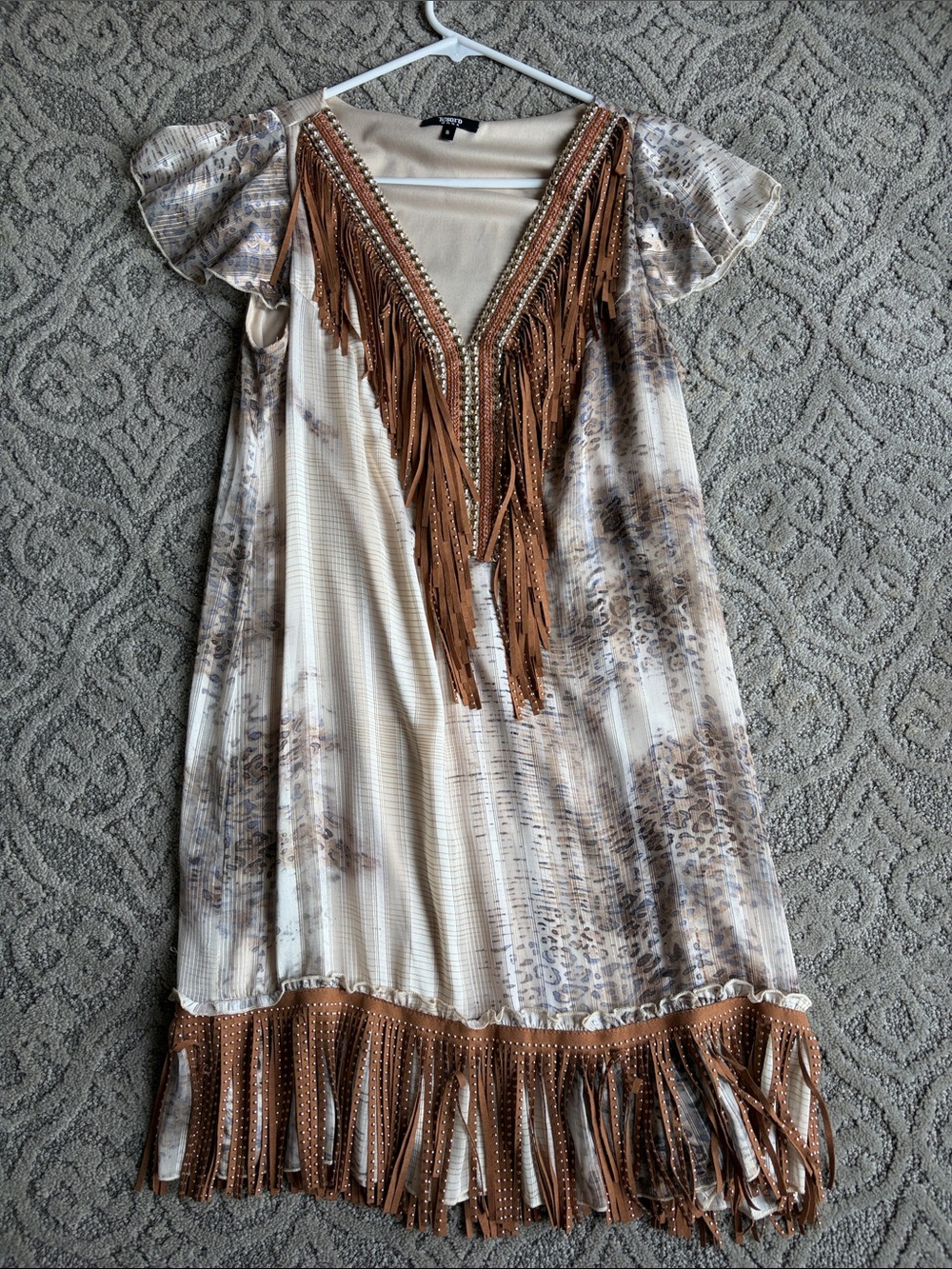 Tesoro Boho Western Fringe V-Neck Midi Dress - Beige Taupe